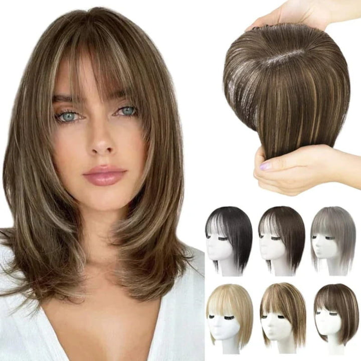 Flequillo natural moderno, extensión de cabello sintético para mujeres que buscan un estilo actual.