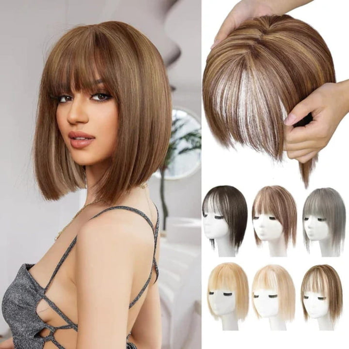 Volumen y estilo trasero con extensión de cabello sintético, flequillo natural para mujeres.