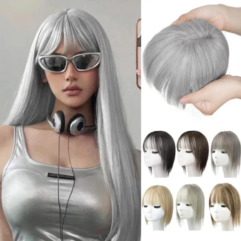 Extensión de cabello natural con flequillo, fibra sintética de aspecto realista para mujeres.