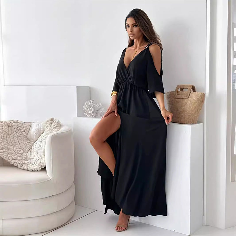 Vestido largo de verano elegante para mujer, escote V y abertura. Ideal para fiestas y eventos de moda.
