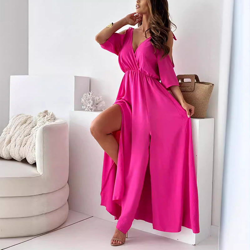 Vestido largo de mujer, elegante, con escote V y abertura sensual. Perfecto para gala o fiesta.