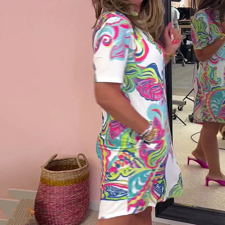 Vestido de verano fluido para mujer, estampado abstracto colorido, escote en V, muy cómodo.