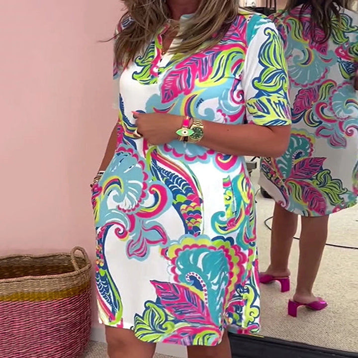 Vestido de playa para mujer, estampado colorido, escote V. Fresco y casual para tus vacaciones.