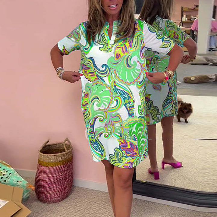 Vestido fluido y fresco de verano para mujer, estampado floral colorido, escote V.