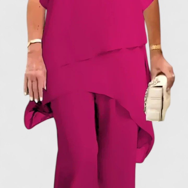 Conjunto de dos piezas de ropa femenina, estilo versátil y fluido. Elegante y cómodo en azul marino o rojo rosa.