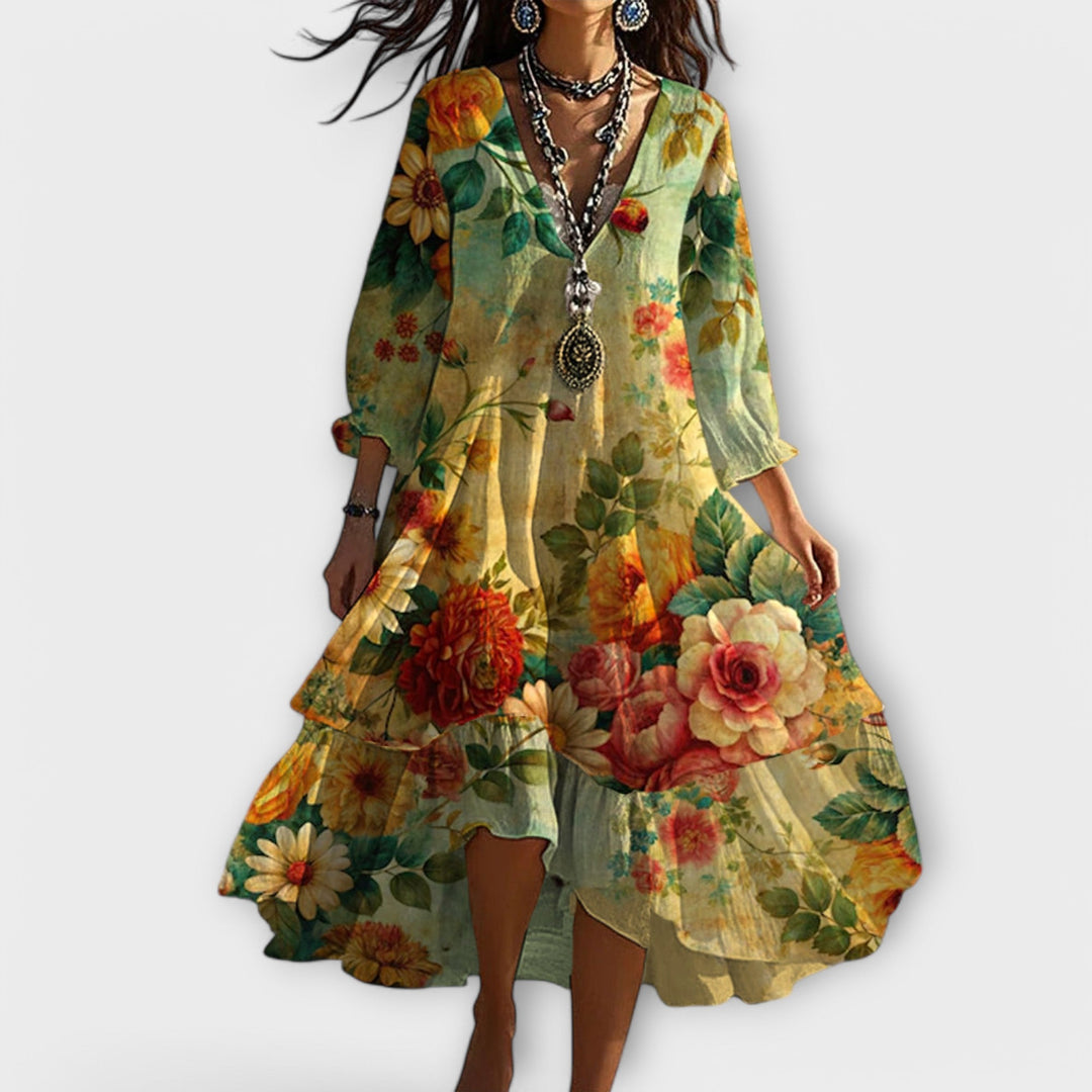 Vestido largo floral bohemio fluido para mujer, cómodo y elegante, perfecto para verano, playa o fiesta casual.
