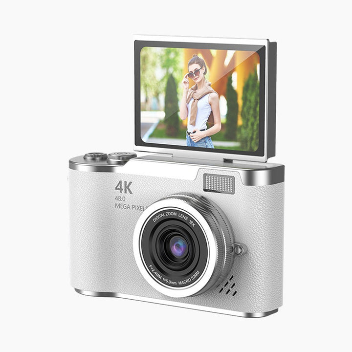 Cámara digital con pantalla giratoria para selfies y grabaciones 4K nítidas.