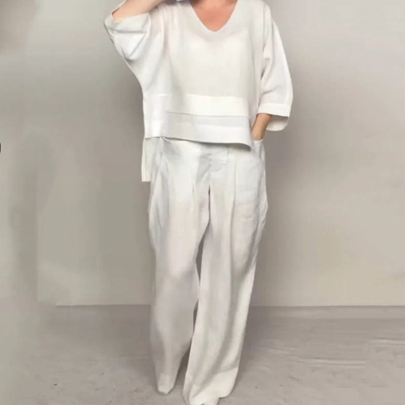 Ropa cómoda mujer: Conjunto de dos piezas de estilo relajado, blusa y pantalón ancho, ideal para moda casual de verano.