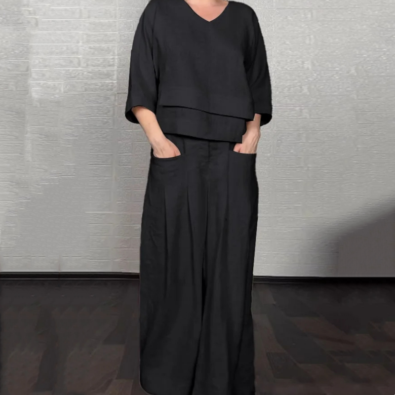 Conjunto dos piezas mujer: Elegante conjunto casual de blusa escote V y pantalón ancho, ideal para comodidad y estilo veraniego.