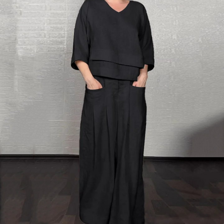 Conjunto dos piezas mujer: Elegante conjunto casual de blusa escote V y pantalón ancho, ideal para comodidad y estilo veraniego.