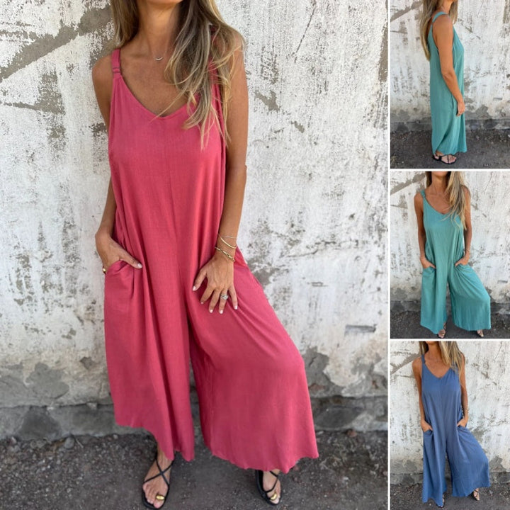 Mono frontal mujer, estilo holgado y relajado, algodón y lino, tirantes ajustables, look fresco de verano.