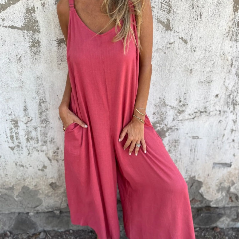 Mono veraniego para mujer, tejido fresco de lino y algodón, con tirantes ajustables para máxima comodidad.