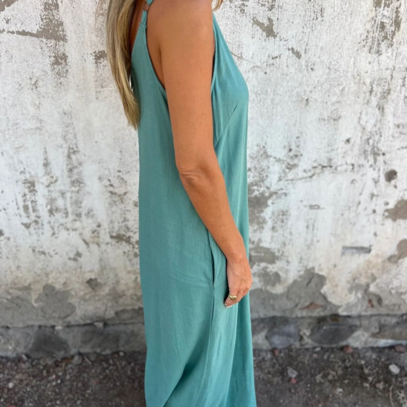 Mono casual de mujer, mezcla de algodón y lino, diseño holgado con tirantes, muy cómodo para el día a día.