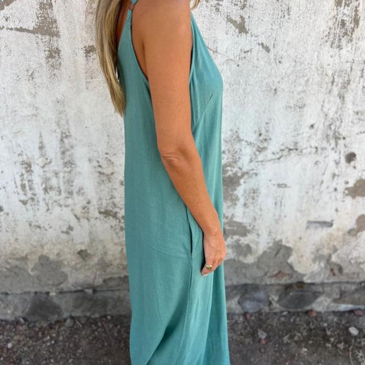 Mono casual de mujer, mezcla de algodón y lino, diseño holgado con tirantes, muy cómodo para el día a día.