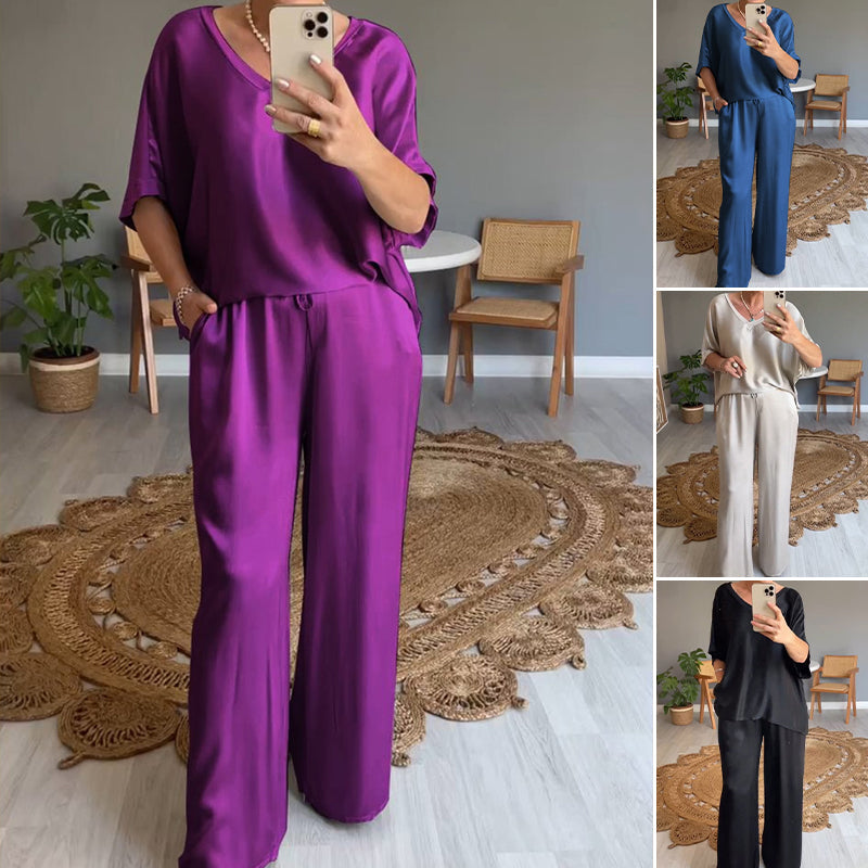 Lujoso conjunto satinado oversize de mujer con pantalón ancho fluido. Estilo sofisticado y cómodo.