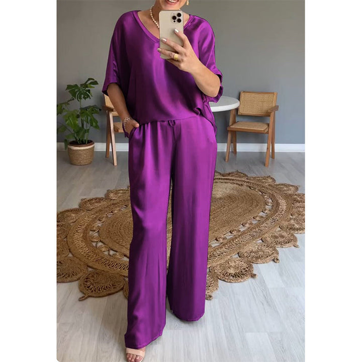 Conjunto mujer satinado oversize elegante con pantalón ancho fluido. Ideal para moda casual chic.