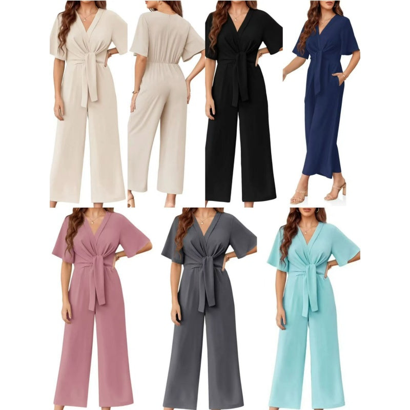 Mono casual elegante mujer, escote cruzado y pierna ancha. Look moderno, sofisticado y confortable.