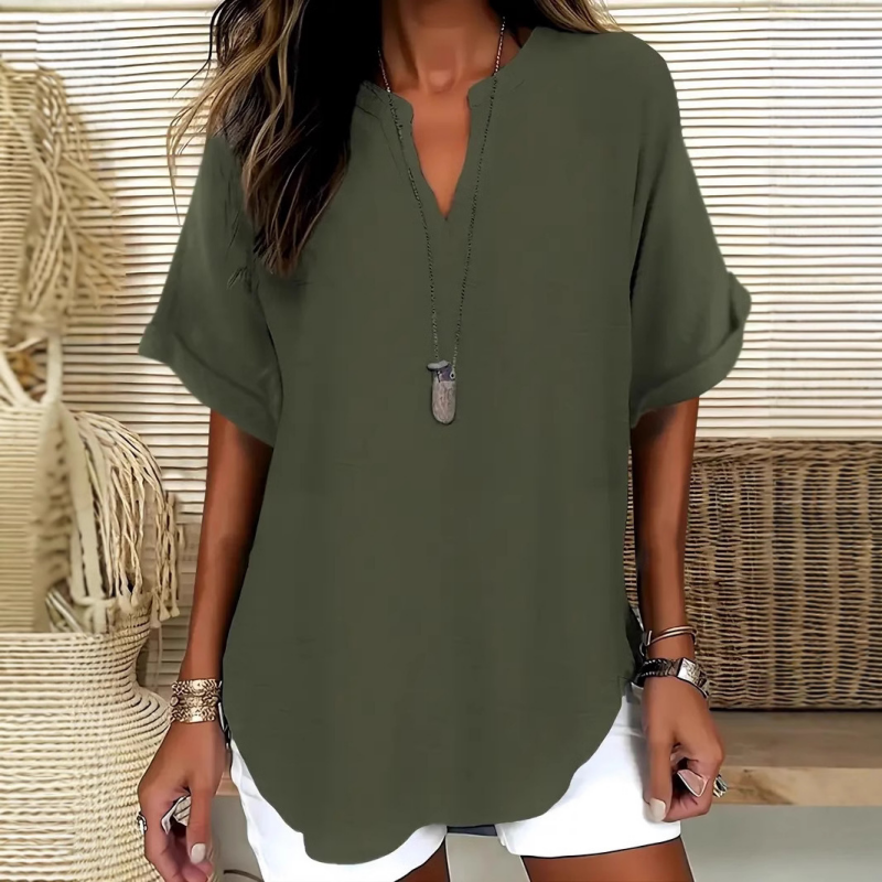Top casual de mujer con escote en V, mangas cortas. Blusa transpirable para un estilo veraniego relajado y fresco.