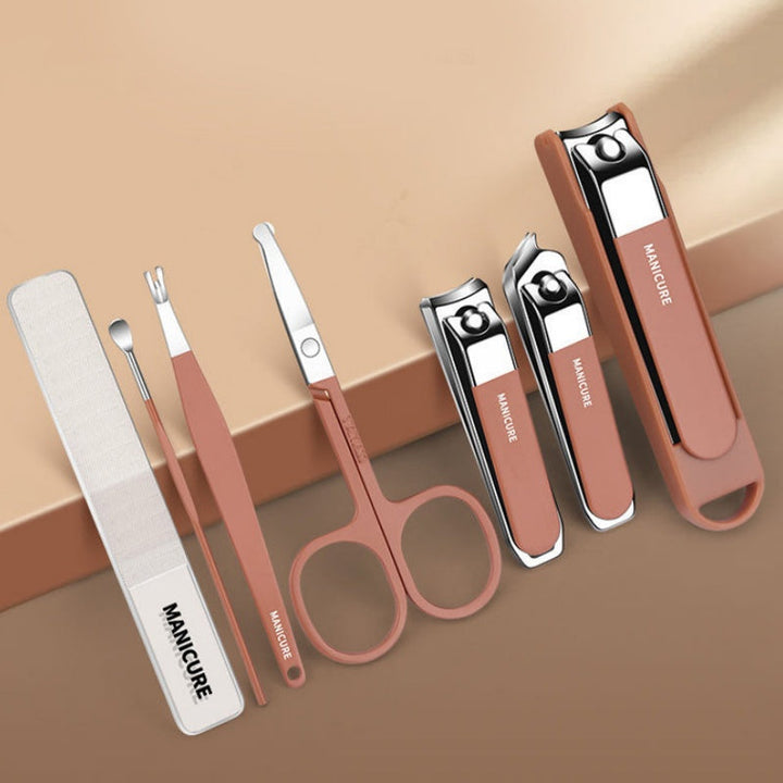 Kit de manicura unisex de 7 herramientas de aseo de acero carbono. Incluye cortauñas, ideal para higiene y viaje.