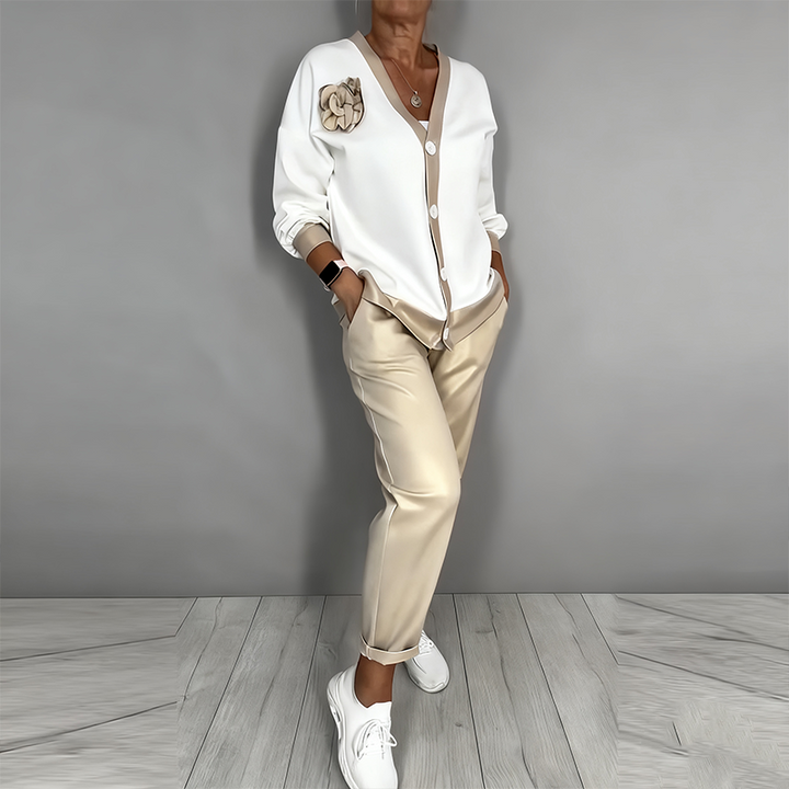 Top y cárdigan de mujer. Conjunto elegante y versátil de dos piezas, ideal para primavera, otoño, oficina o diario.