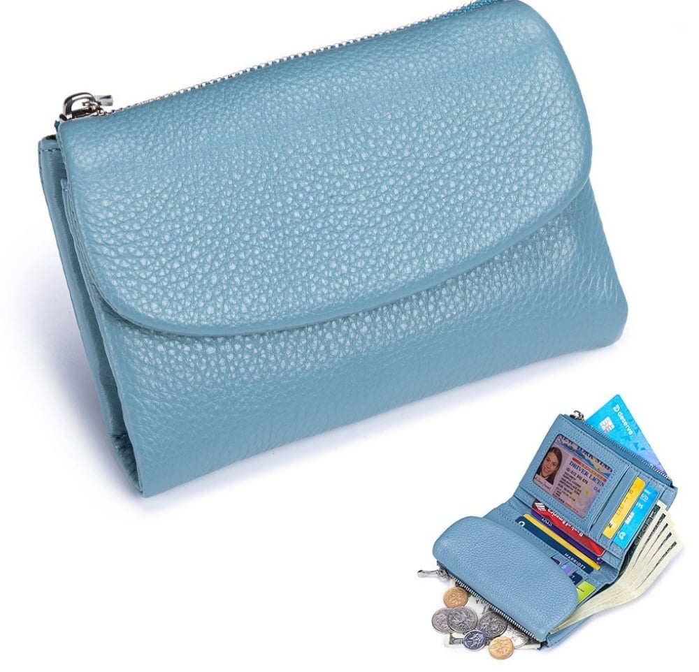 Billetera unisex de piel, tamaño compacto, con doble monedero. Protección RFID esencial para tus tarjetas.