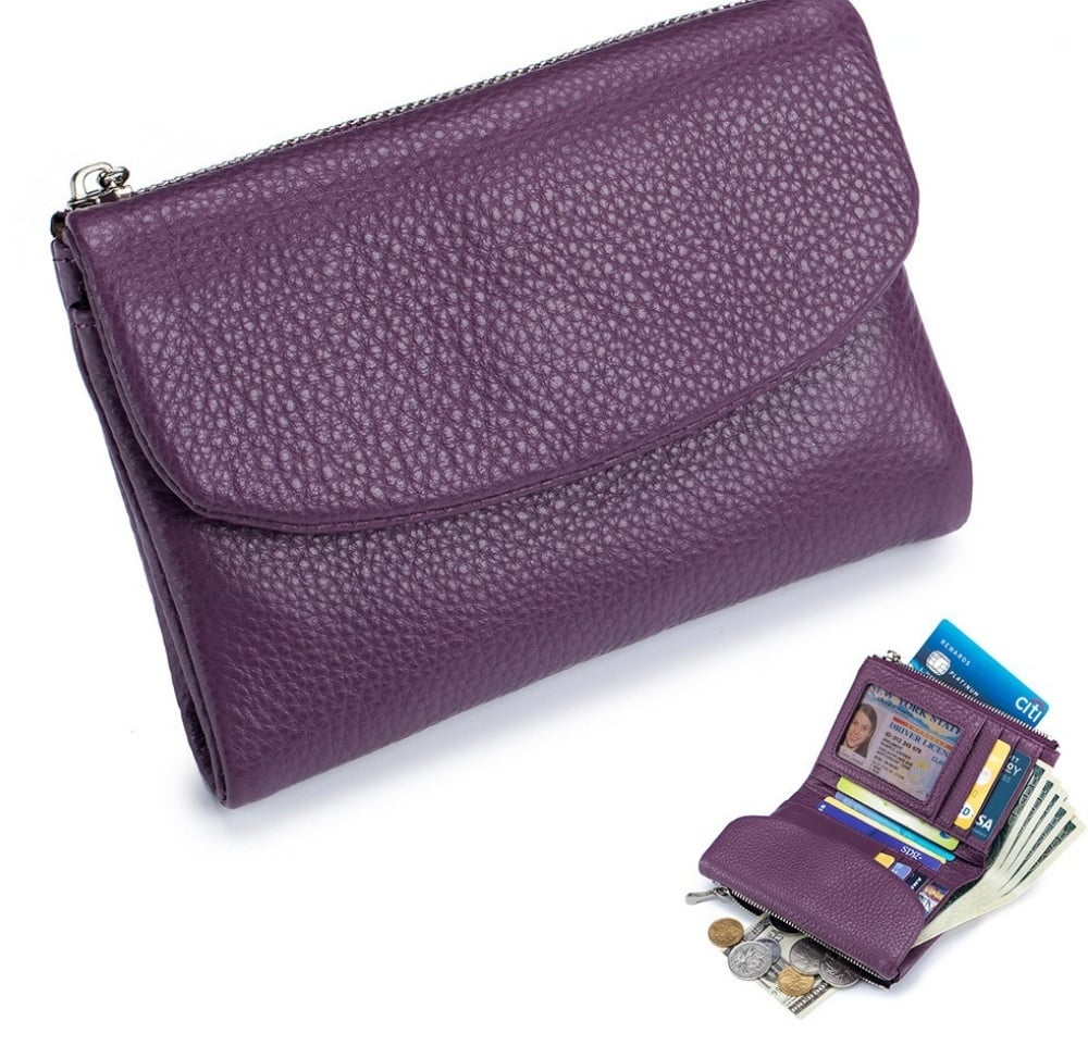 Cartera compacta de piel, diseño minimalista, con doble monedero y seguridad RFID para tus finanzas.
