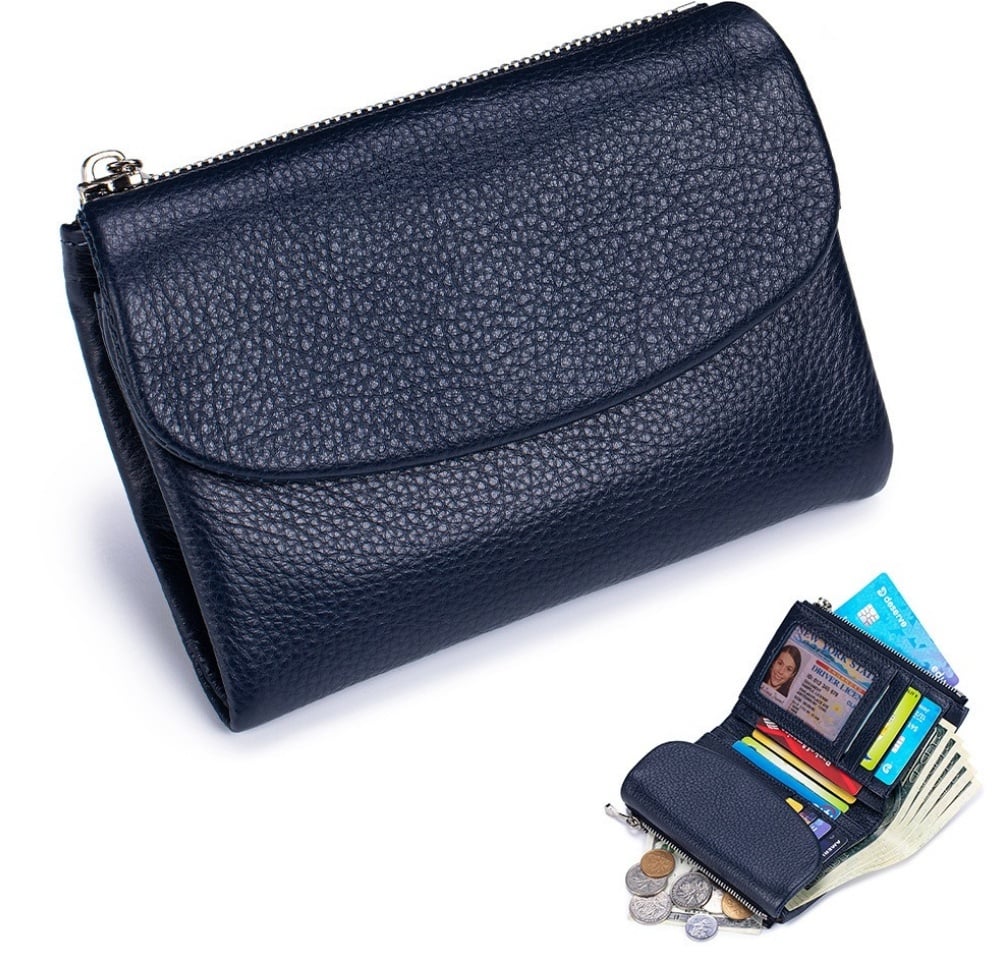 Cartera de piel genuina, compacta y ergonómica. Incluye doble monedero y protección RFID. Durabilidad.