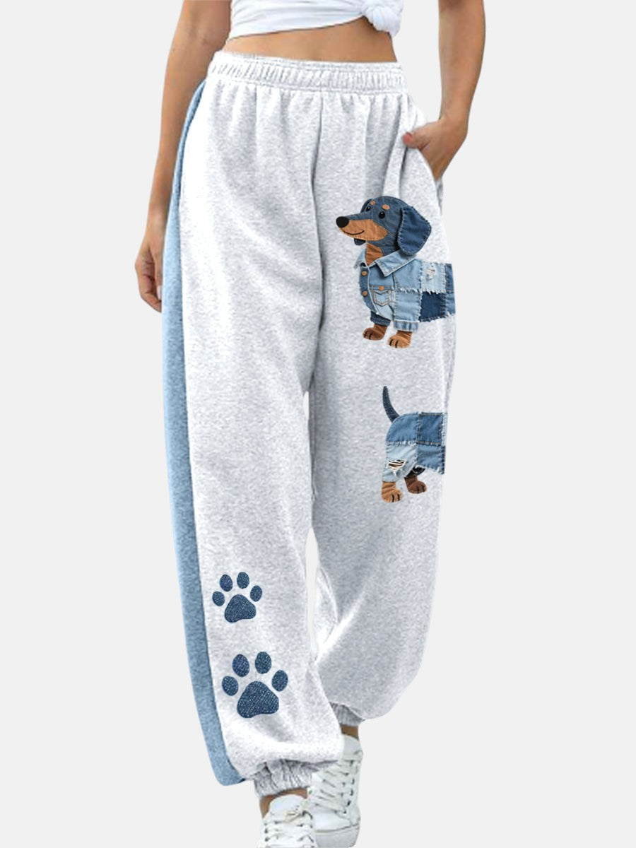Vaqueros mujer patchwork con estampado de perros salchicha, denim de moda casual. Estilo divertido y original.
