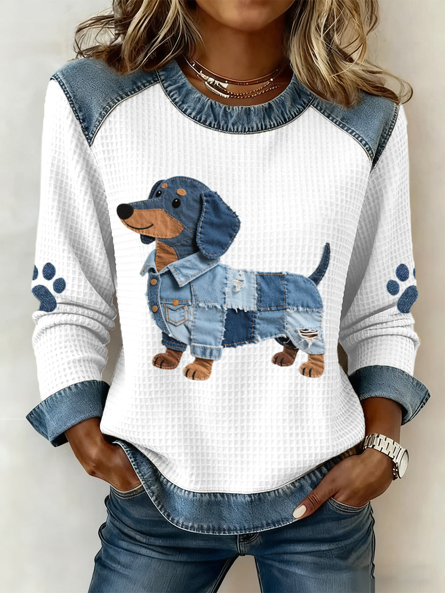 Jersey de algodón para mujer con diseño divertido de perro patchwork. Sudadera cómoda y casual de manga larga.