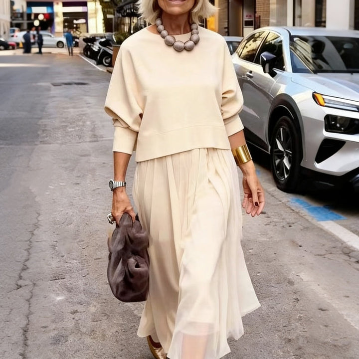 Conjunto dos piezas mujer, blusa 3/4 y vestido largo fluido. Estilo casual chic, cómodo para moda femenina de día.