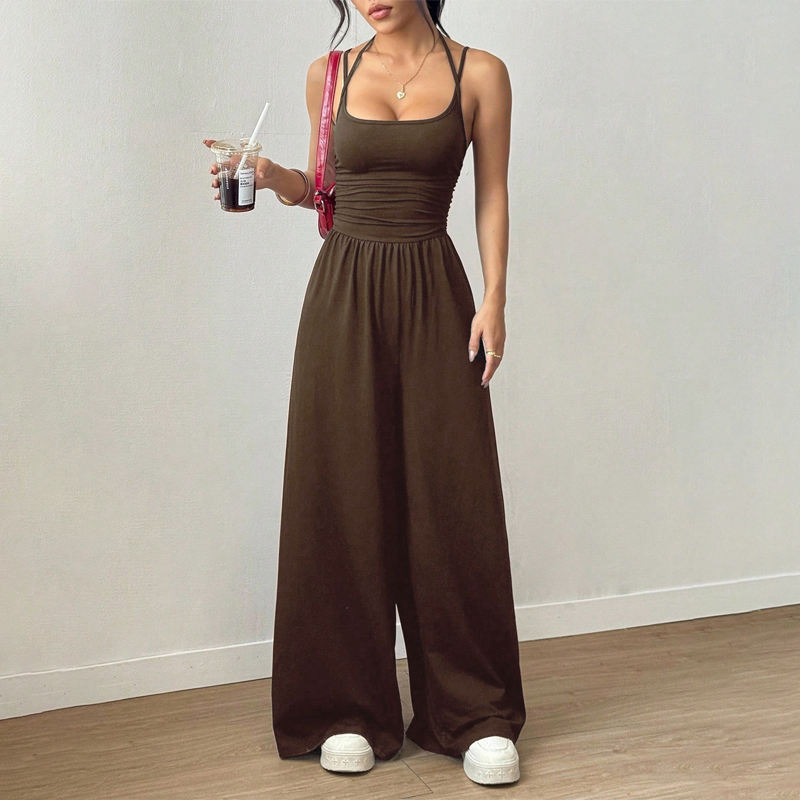 Mono de moda para mujer, silueta de piernas anchas y tirantes delgados, ideal para un estilo veraniego fresco y chic.
