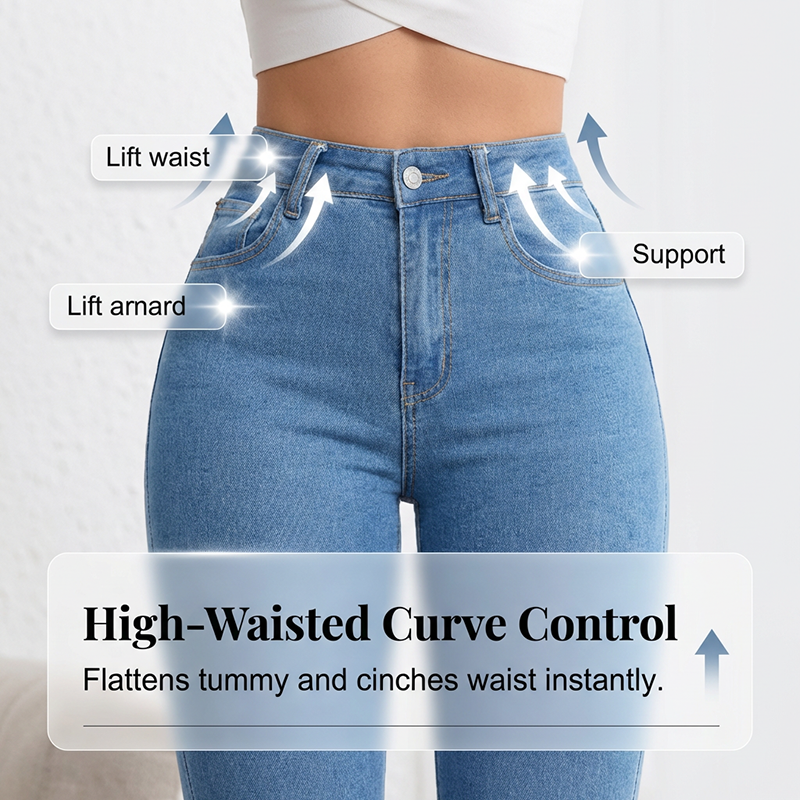 Jeans acampanados de cintura alta que estilizan la figura, estilo moderno y femenino. Pantalón flare.