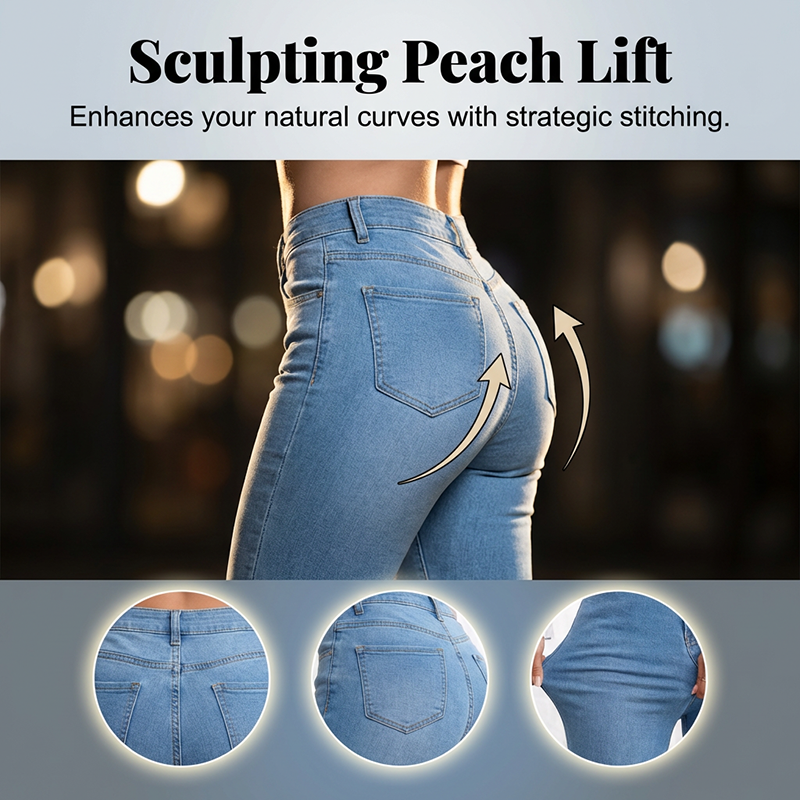 Modelo luciendo jeans acampanados de cintura alta para mujer, estilo moderno y elegante. Vaquero casual.