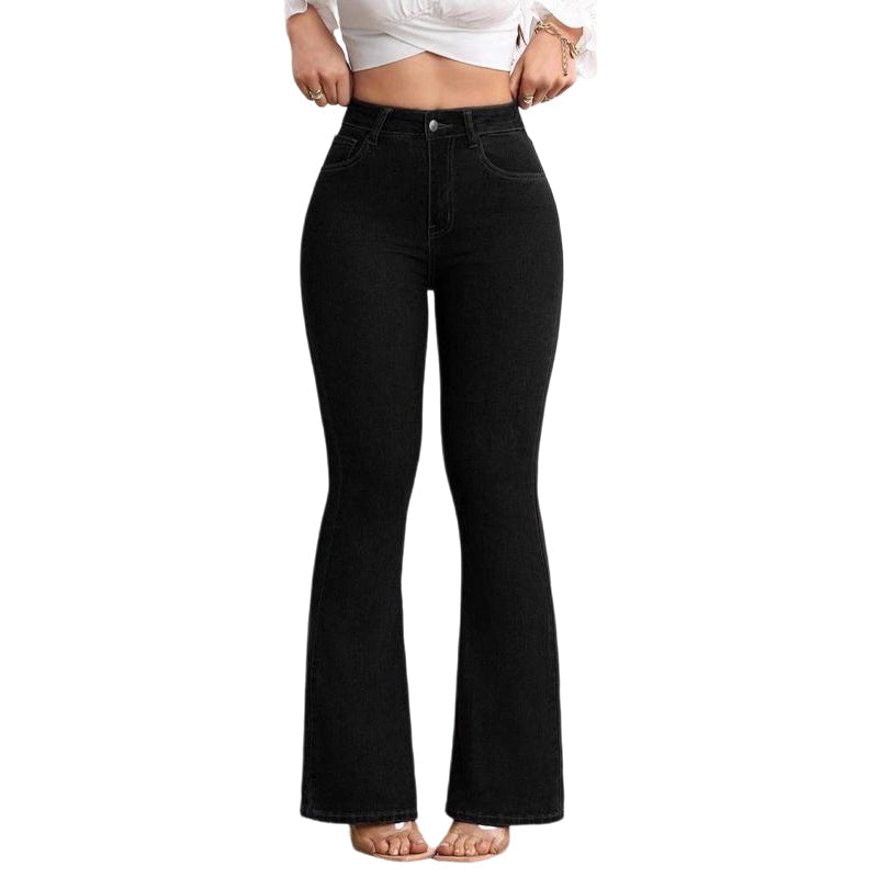 Pantalones vaqueros flare de moda femenina, cintura alta, estilo retro. Ropa casual para mujer.
