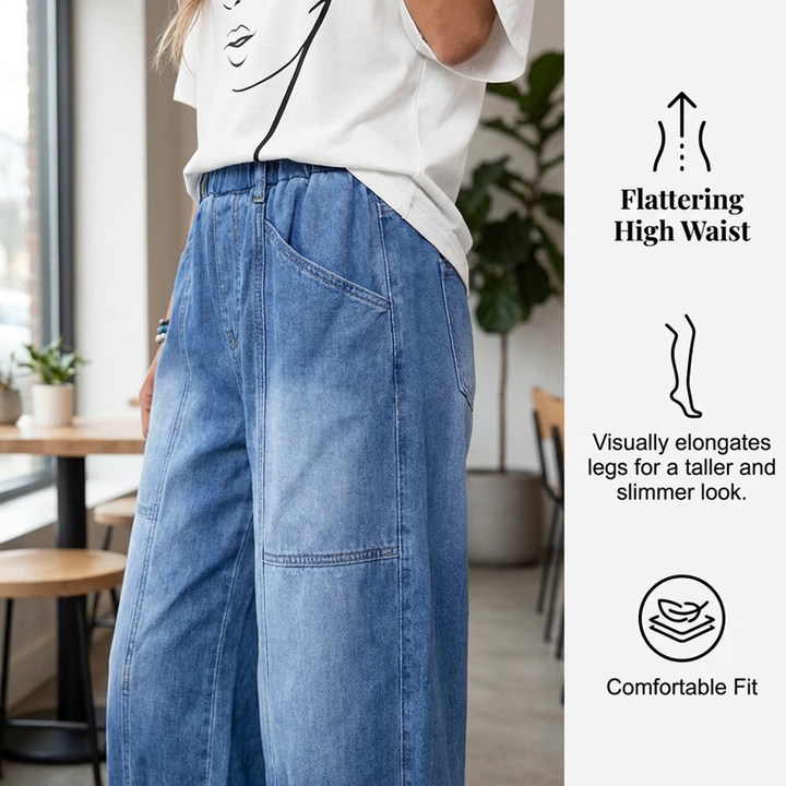 Mujer vistiendo jeans holgados azules cropped con cintura elástica, perfectos para un outfit casual y cómodo.