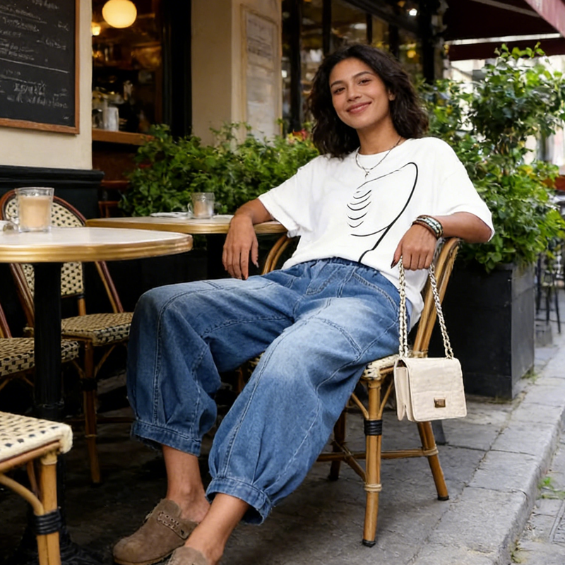 Jeans holgados para mujer, estilo cropped azul, versátil para cualquier look diario, cómodo y con cintura elástica.