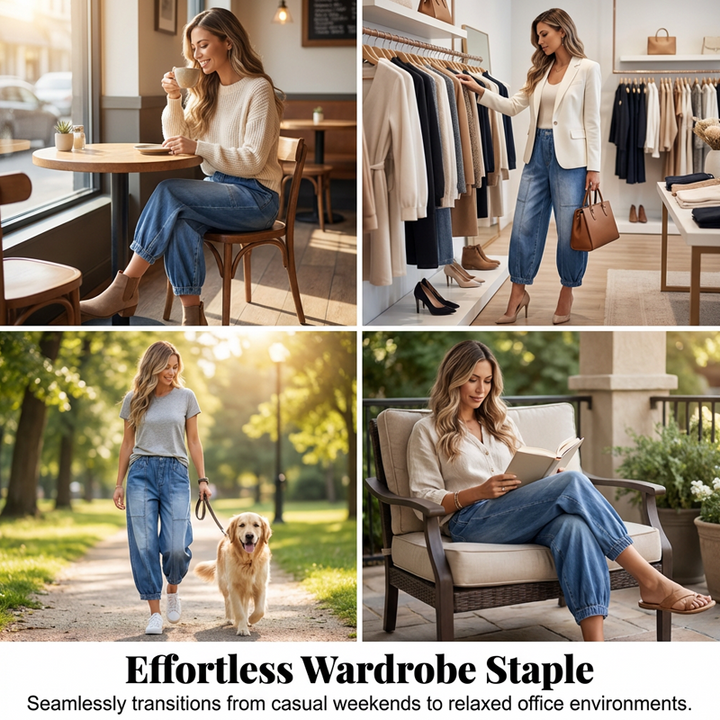 Moda urbana con jeans holgados azules de mujer, cintura elástica y diseño cropped. Un básico cómodo y trendy.