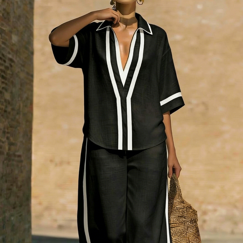 Conjunto de lino veraniego para mujer: blusa cuello V y pantalón ancho. Estilo elegante y cómodo.