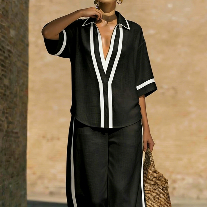 Conjunto de lino veraniego para mujer: blusa cuello V y pantalón ancho. Estilo elegante y cómodo.