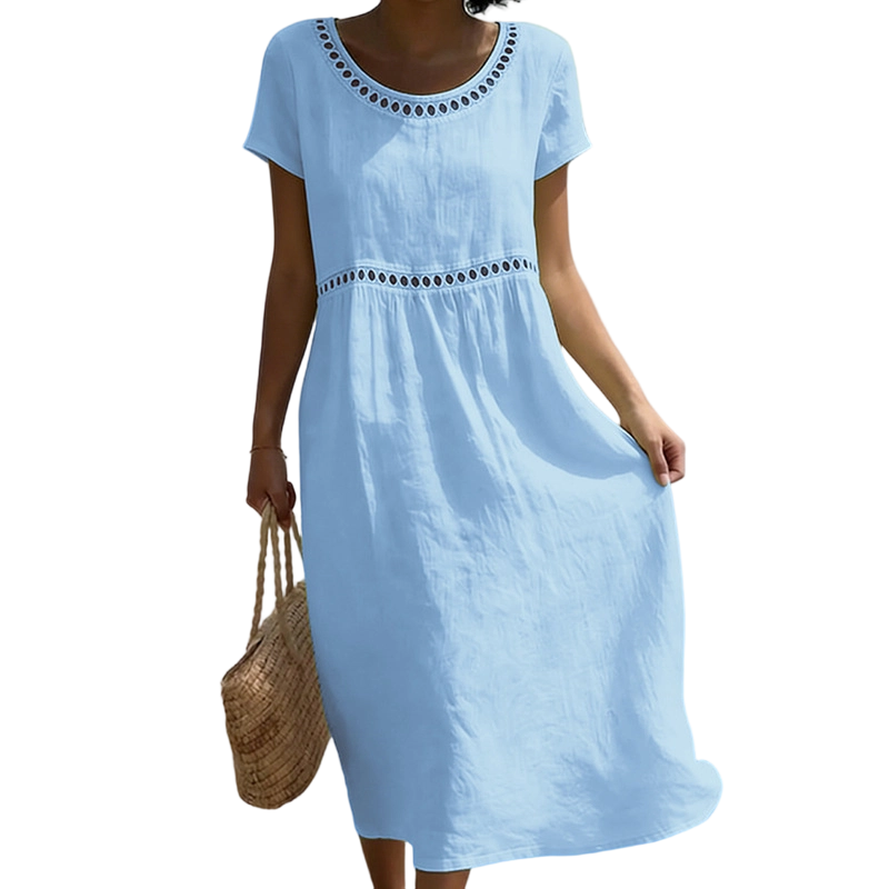 Modelo vistiendo vestido midi elegante, corte favorecedor, ideal para estilo casual de verano.