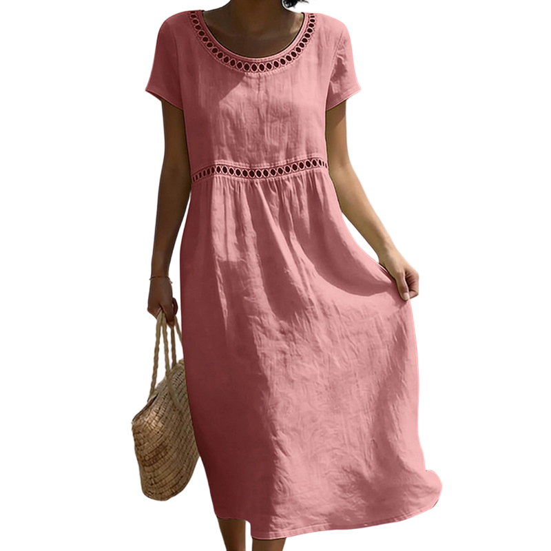 Detalle del tejido suave y fresco del vestido midi, comodidad y estilo para la mujer moderna.