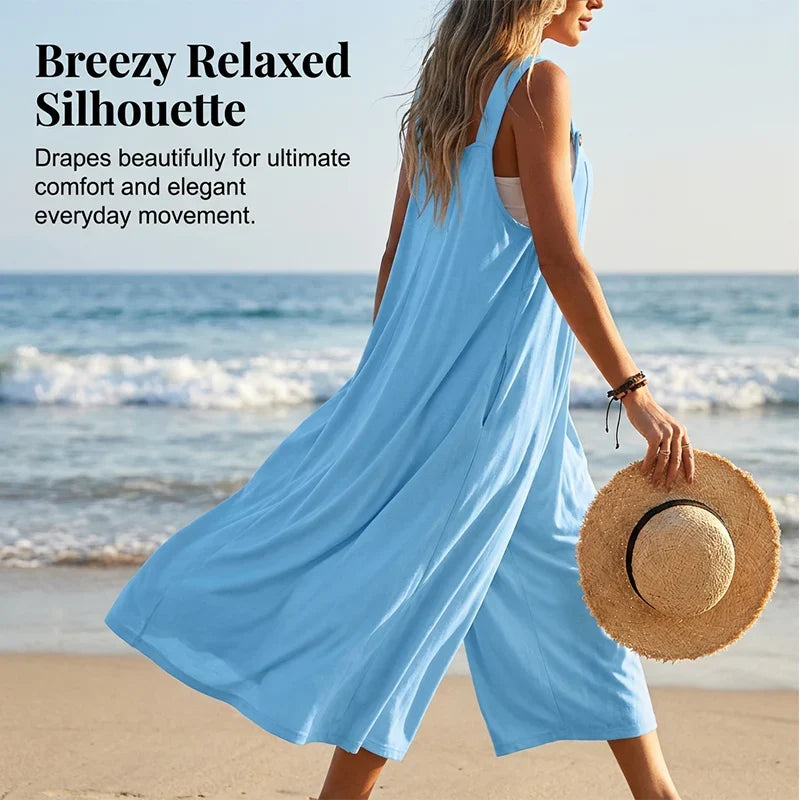 Mono de verano para mujer, corte holgado, sin mangas, con piernas anchas y bolsillos. Casual chic.