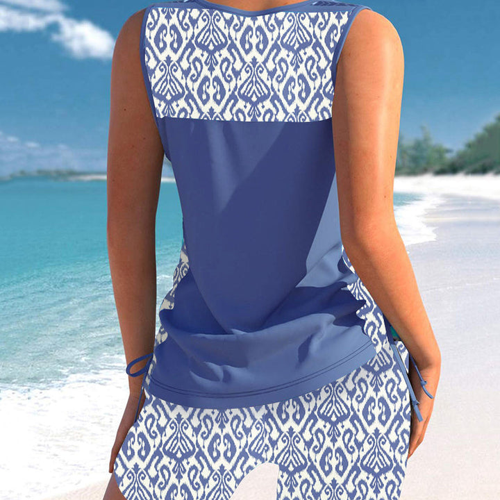 Ropa de baño tankini para mujer, diseño geométrico original y escote V, para un look vibrante.