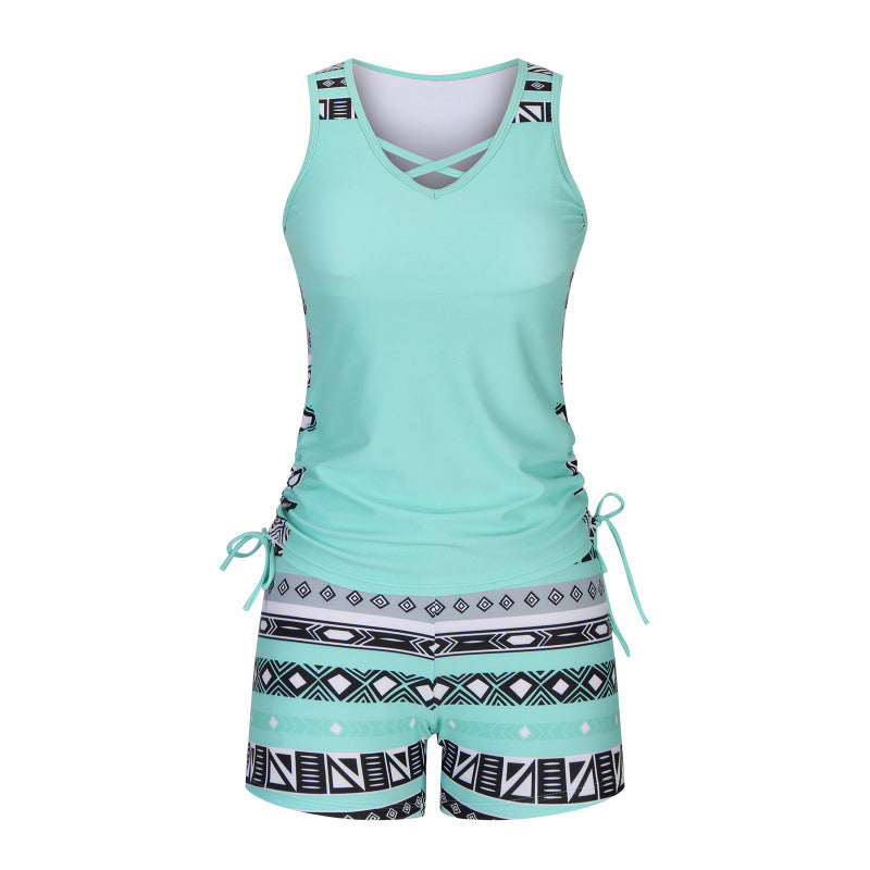Tankini de mujer, dos piezas, escote V con detalle geométrico, ideal para la playa y el relax.