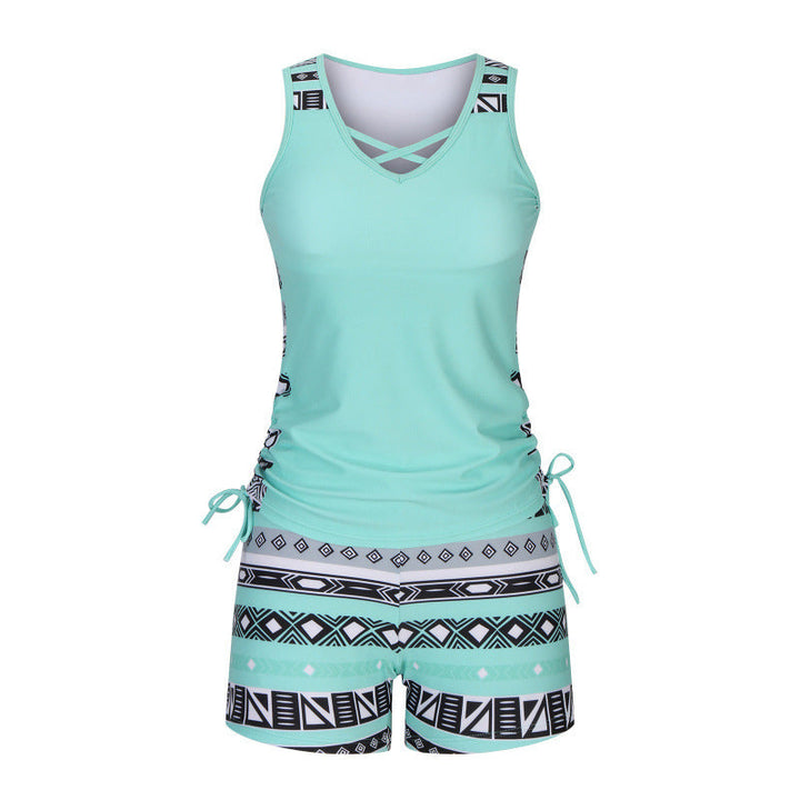 Tankini de mujer, dos piezas, escote V con detalle geométrico, ideal para la playa y el relax.