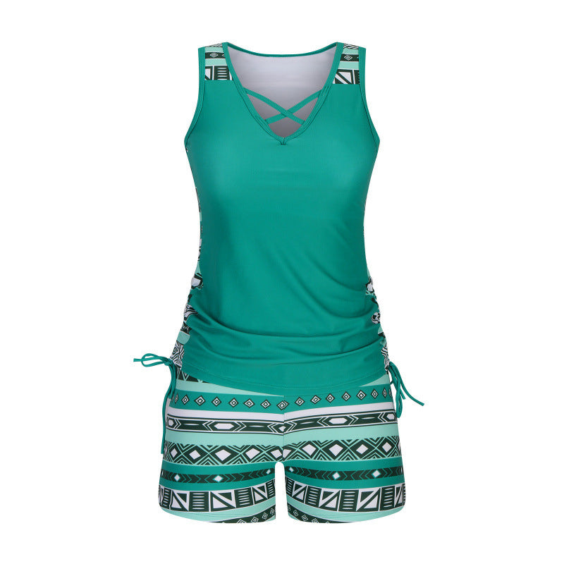 Tankini de verano con estampado geométrico y cuello V, dos piezas para mujer, muy versátil.