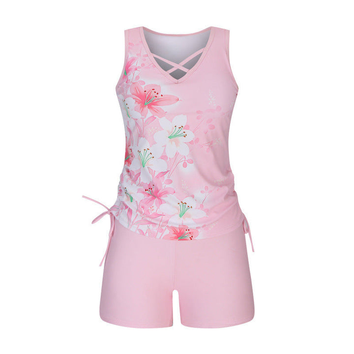 Tankini de mujer, dos piezas, escote V, estampado geométrico con diseño de espiga.