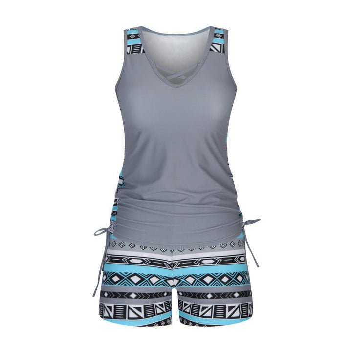 Traje de baño tankini geométrico con escote V, mujer, perfecto para el sol y la arena.