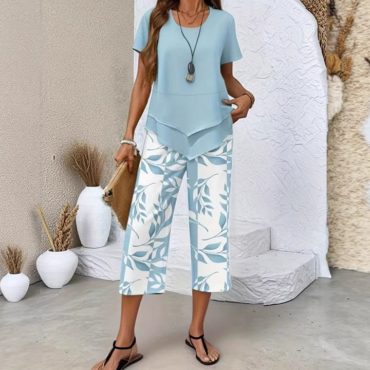 Estilo vacaciones: conjunto de dos piezas fluido y estampado para mujer, muy confortable.