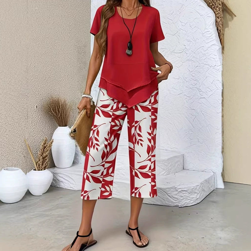 Traje de verano fluido con estampado abstracto, dos piezas cómodas para mujer.